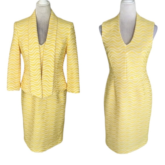 Albert Nipon Vintage Yellow White Wavy Striped 2 Piece Set Blazer Dress - 4 - Picture 1 of 16